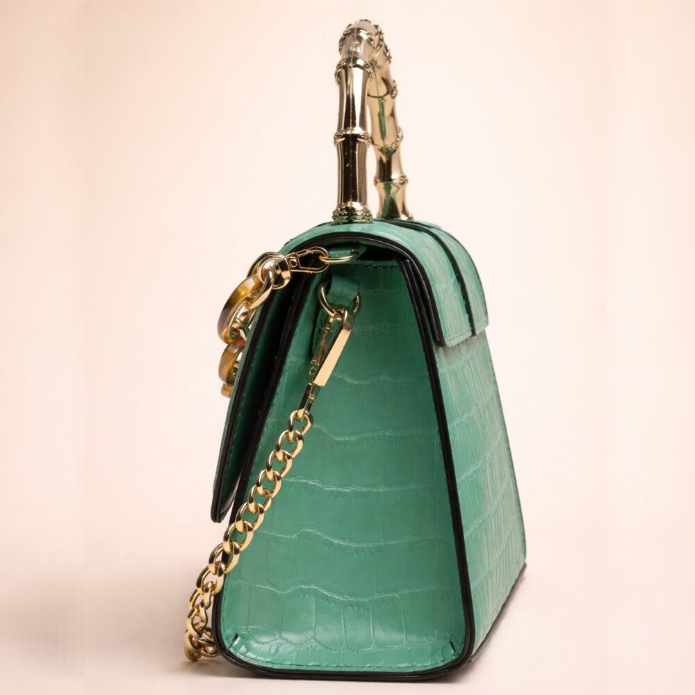Aldo Aubray Green Croc Embossed Top Handle Bag Bamboo Accent Crossbody NWT - Picture 5 of 8